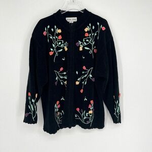 Vtg Victoria Woman Jacket Women 2X Floral Embroidered Chenille‎ Cottage Black